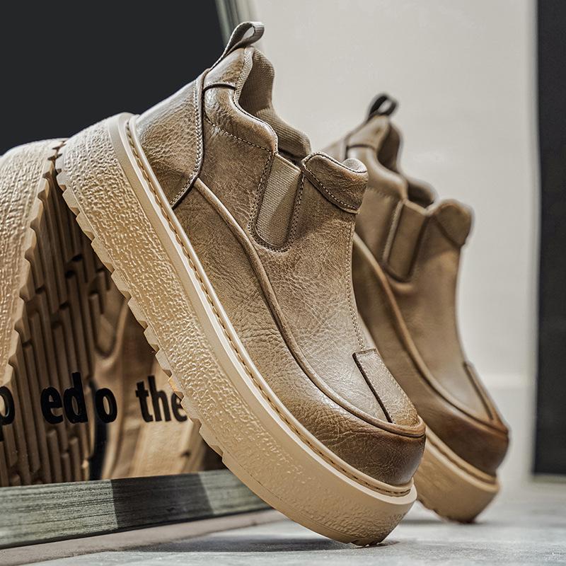Men's Slip-On Retro Leather Casual Shoes Thick Sole Fashion Ankle Boots Comfortable Daily Wear Footwear