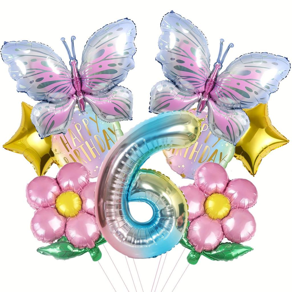Butterfly & Daisy Star Gradient Foil Balloon Set for Birthday Party Decoration.