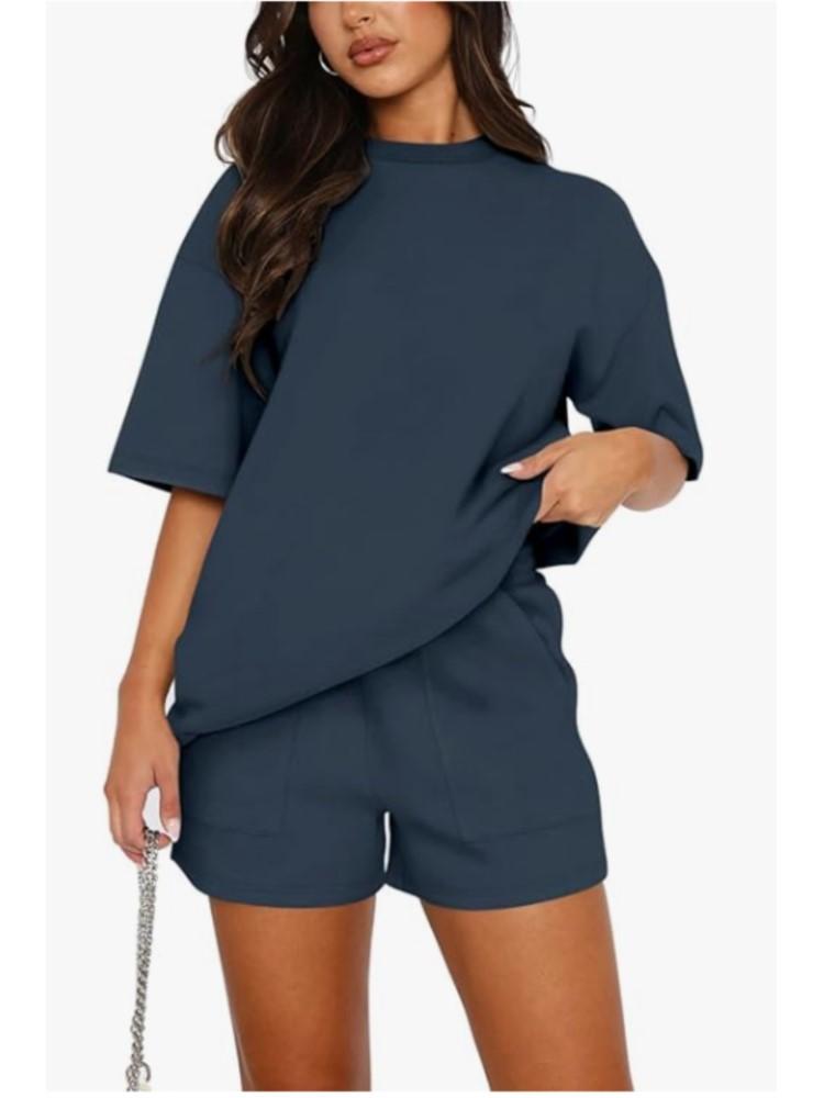Fashion Summer Solid Casual Suit Elegant Casual O Neck Short Sleeve Short Pants Set Of 2 Pieces Holiday Womens Clothing