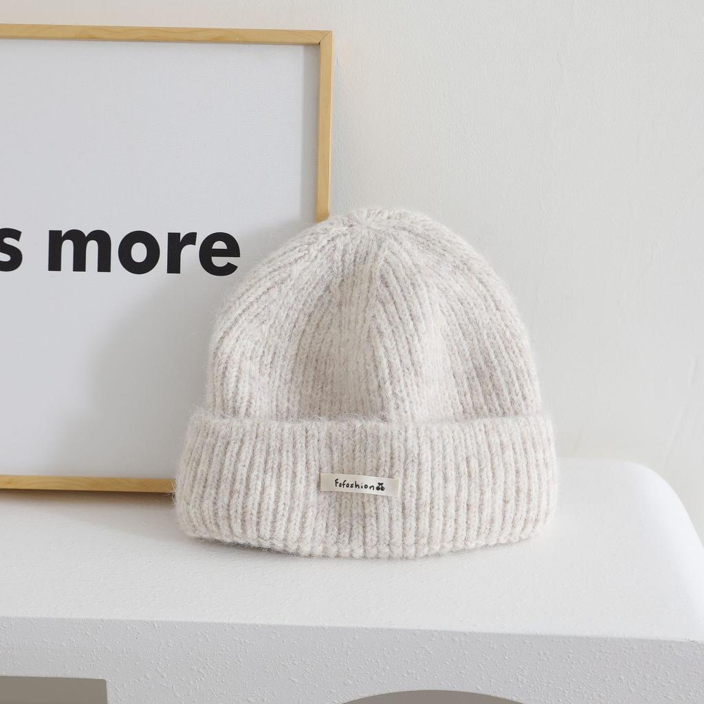 Japanese Simple Letter Pattern Labeling Knitted Hat for Women In Autumn and Winter New Warm and Thickened Cold Hat Showing A Small Face