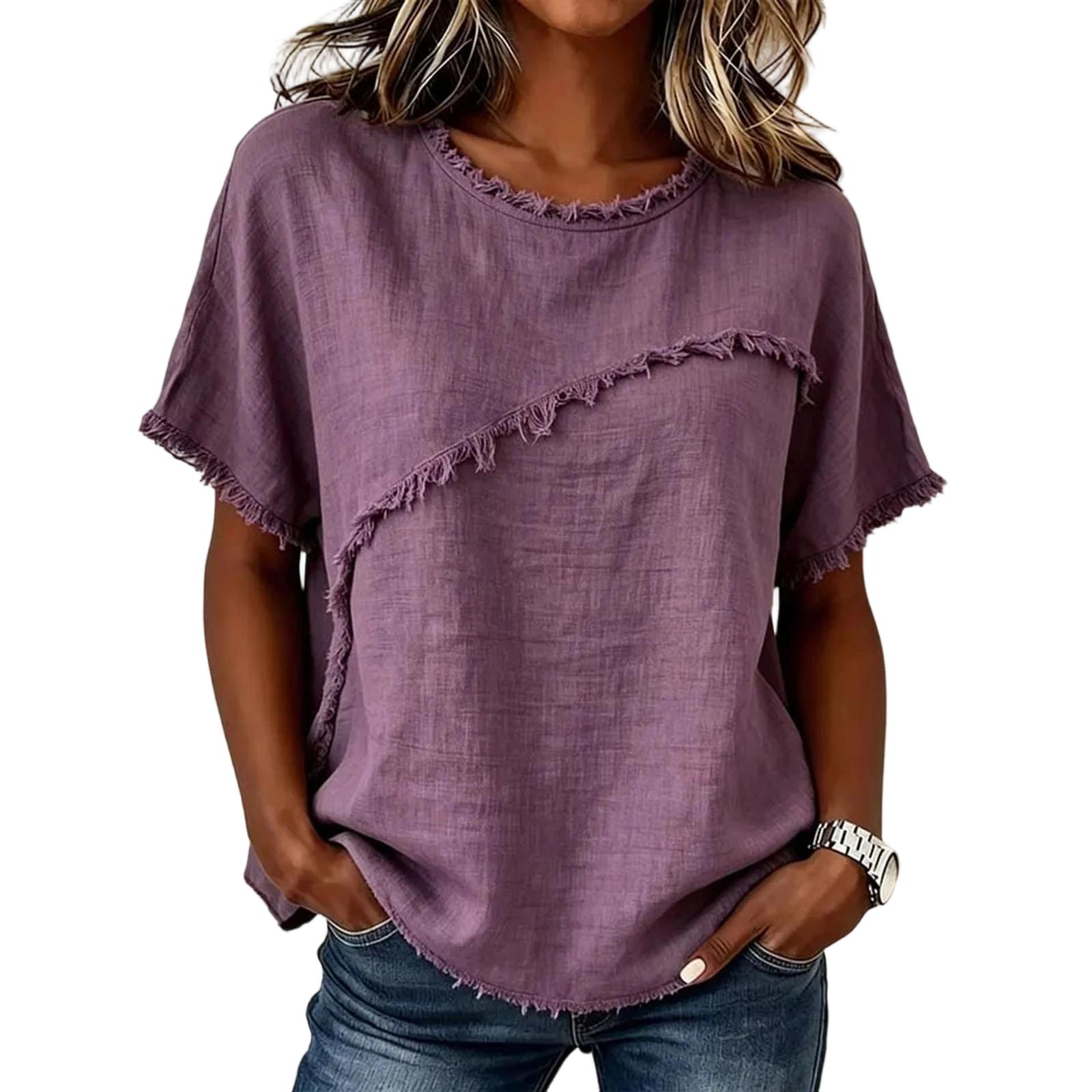 

Women’s Casual Short Sleeve Linen T Shirt Crew Neck Relaxed Fit Top with Distressed Hem for Daily Wear XL фіолетовий