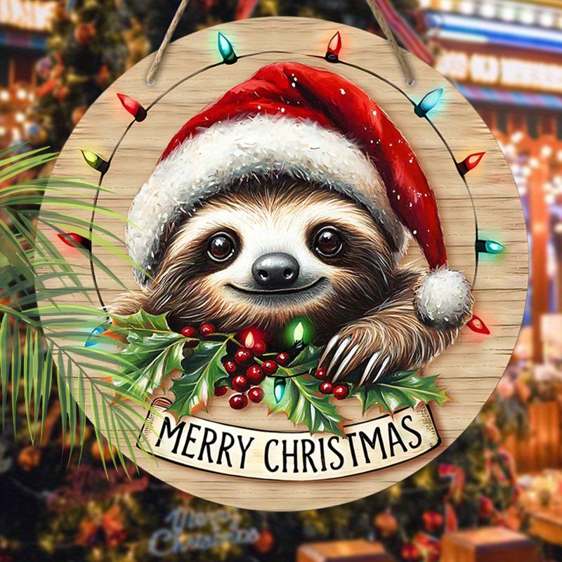 

Christmas decoration sign,indoor hanging decoration,2D flat Wooden products with Sloth in Christmas hat pattern,Christmas gifts for friends and family 2D,Style1,1pc
