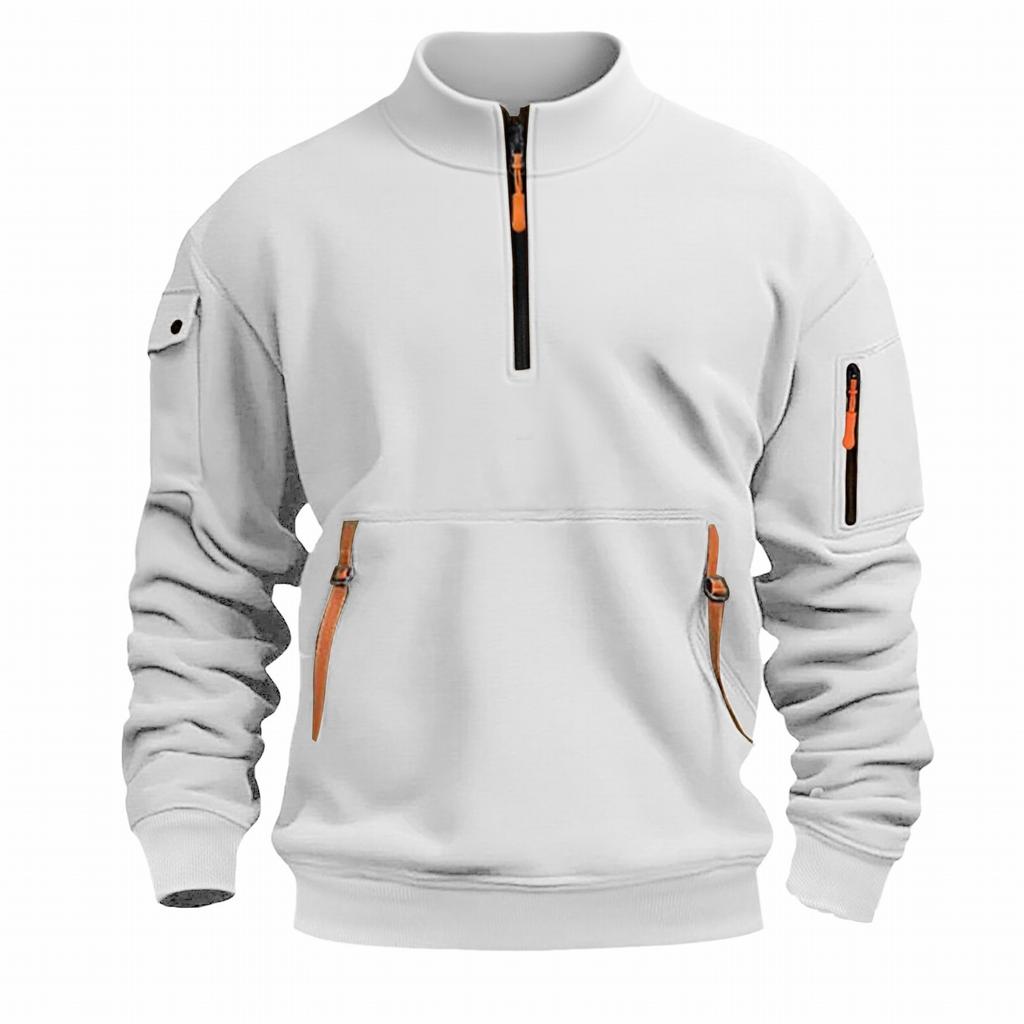 Stand-collar men's sweatshirt with zip fastening Multi-pocket half-zip sports casual sweatshirt