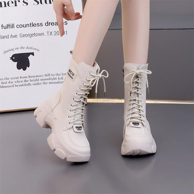 Leather thick-soled Martin boots women's autumn and winter fashion medium boots soft-soled lightweight velvet cotton boots