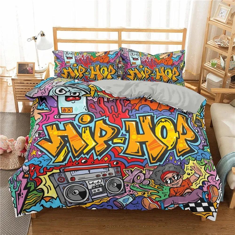 3D Baskılı Karikatür Graffiti Nevresim Takımı Yumuşak Yorgan Kılıfı 1/2 Adet Yastık Kılıfı ile Çocuklar Yetişkinler İçin Mikrofiber Yorgan Kılıfı
