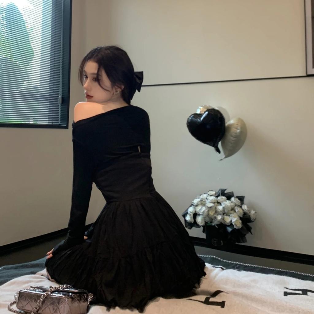 Čistě sexy šaty na jedno rameno jarní nové francouzské černé nafouklá sukně střihu do áčka elegantní narozeninové šaty