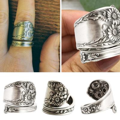 Sunflower Spoon Adjustable Ring Boho Vintage Finger Open Ring Extendable Wrap Bands for Women Men Jewelry