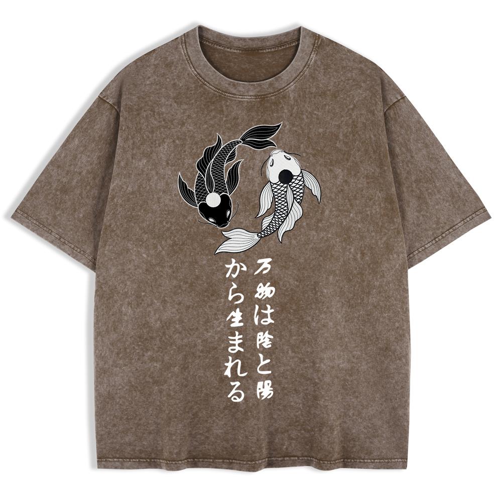 Japanische Koi Harajuku Bedruckte Gewaschene T-Shirts Herren Baumwolle Kurzarm Oberteile Lässig O-Ausschnitt Übergroßes T-Shirt Kleidung