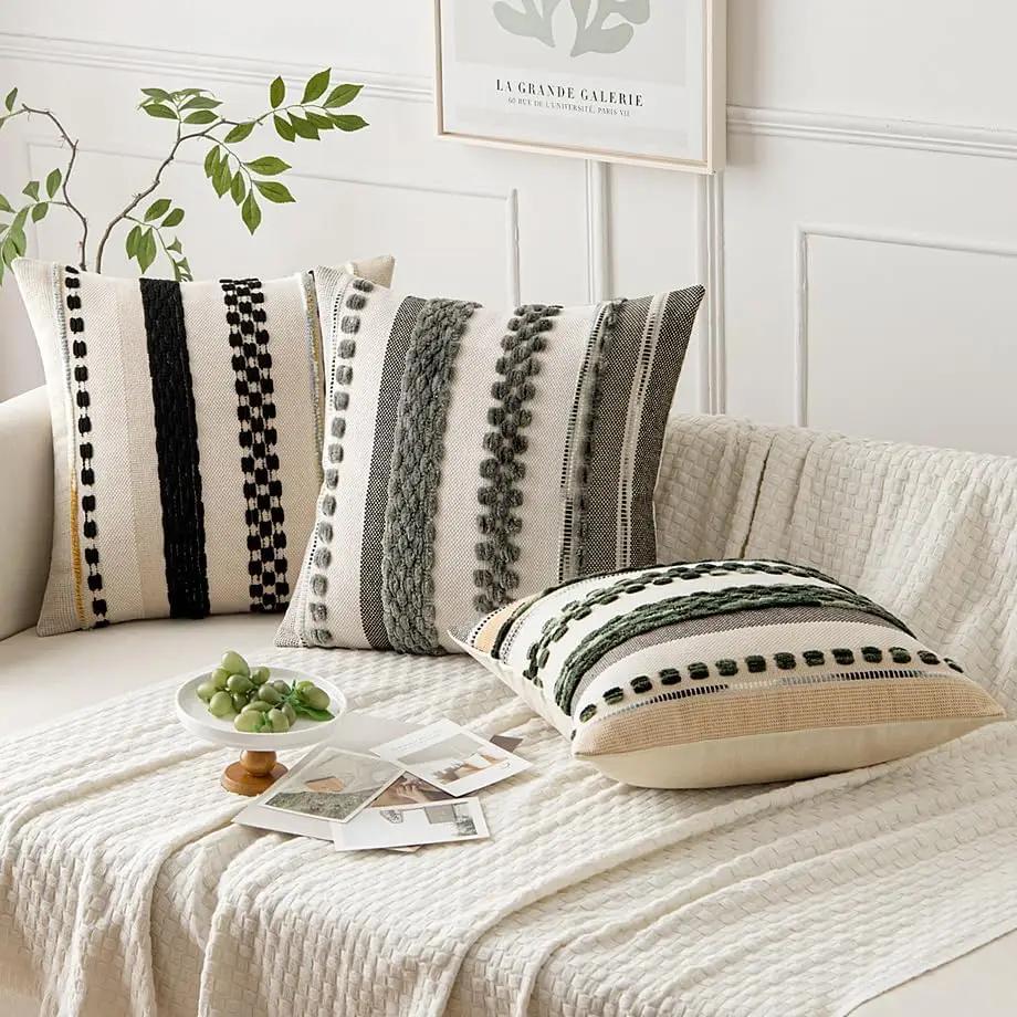 Gray Boho Throw Pillow Cover 18x18 Decor Cushion Cases Multicolor Striped Chenille Pillow Cover Accent Pillowcase for Sofa