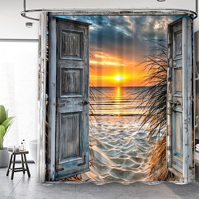 Ocean Beach Summer Coastal Shower Curtain 60Wx72L Inch Seaside Sea Wave Scenery Hawaiian Nautical Sunset LandscapeBarn Door Bath