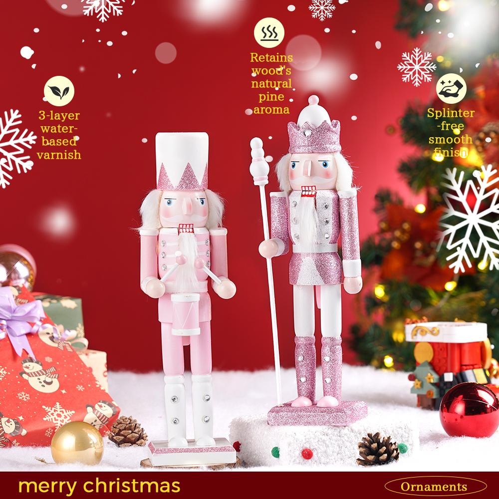 30CM Pink Glitter Nutcracker Soldier Wooden Puppet Handmade Christmas Decor Home Office Ornament Holiday Gift Stocking Stuffer