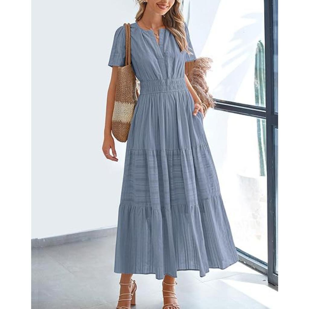 Women's V Neck Short Sleeve Maxi Dress Loose Fit Mid Waist Elegant Casual Cotton Tiered Long Dress