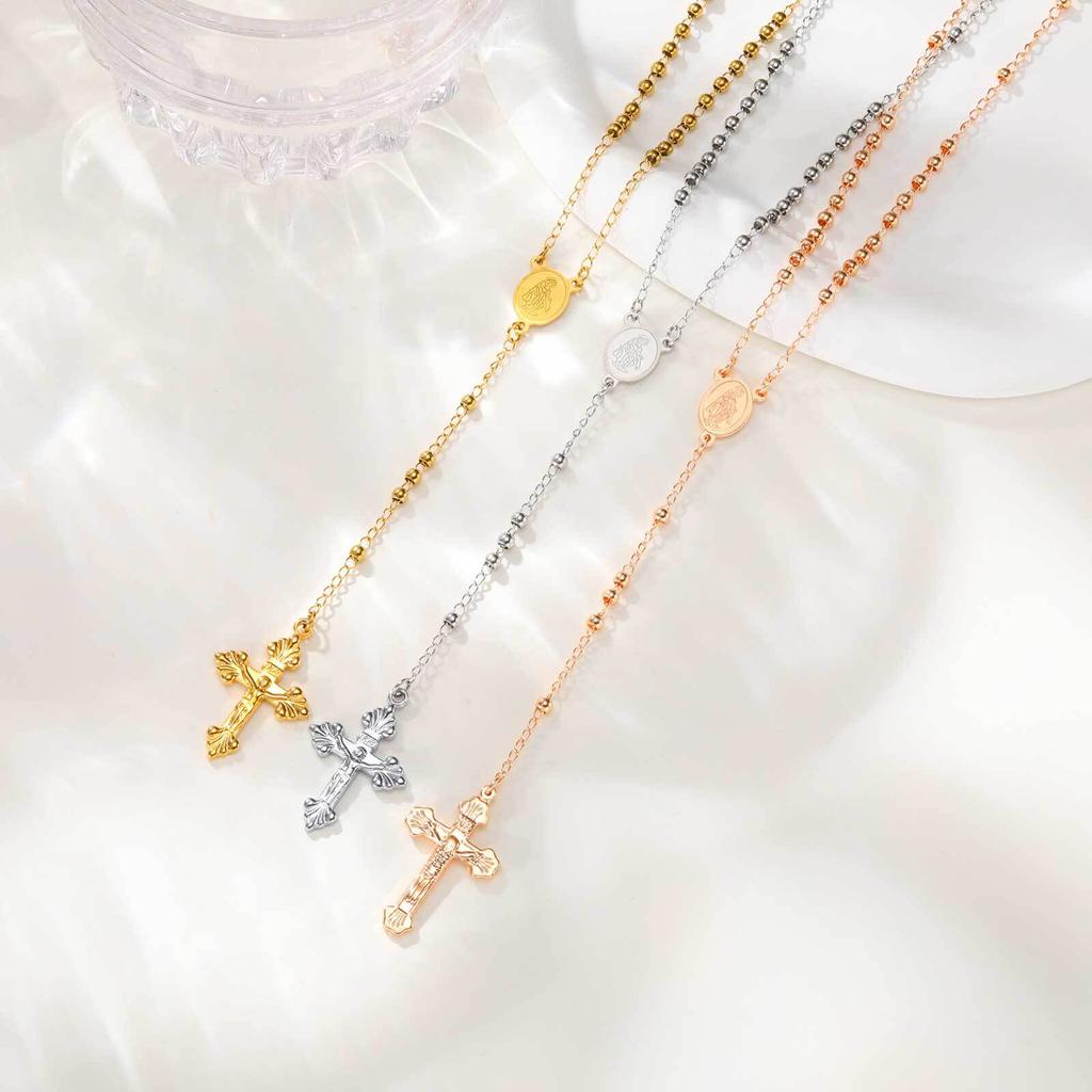 Rosary Beads Cross Necklace for Women, Stainless Steel  Crucifix Virgin Mary Y Shape Necklaces Jewelry