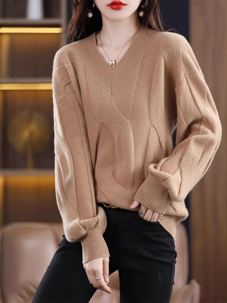 Women's V-Neck Cable Knit Cashmere Sweater - Loose, Thickened, Solid Color for Autumn/Winter
