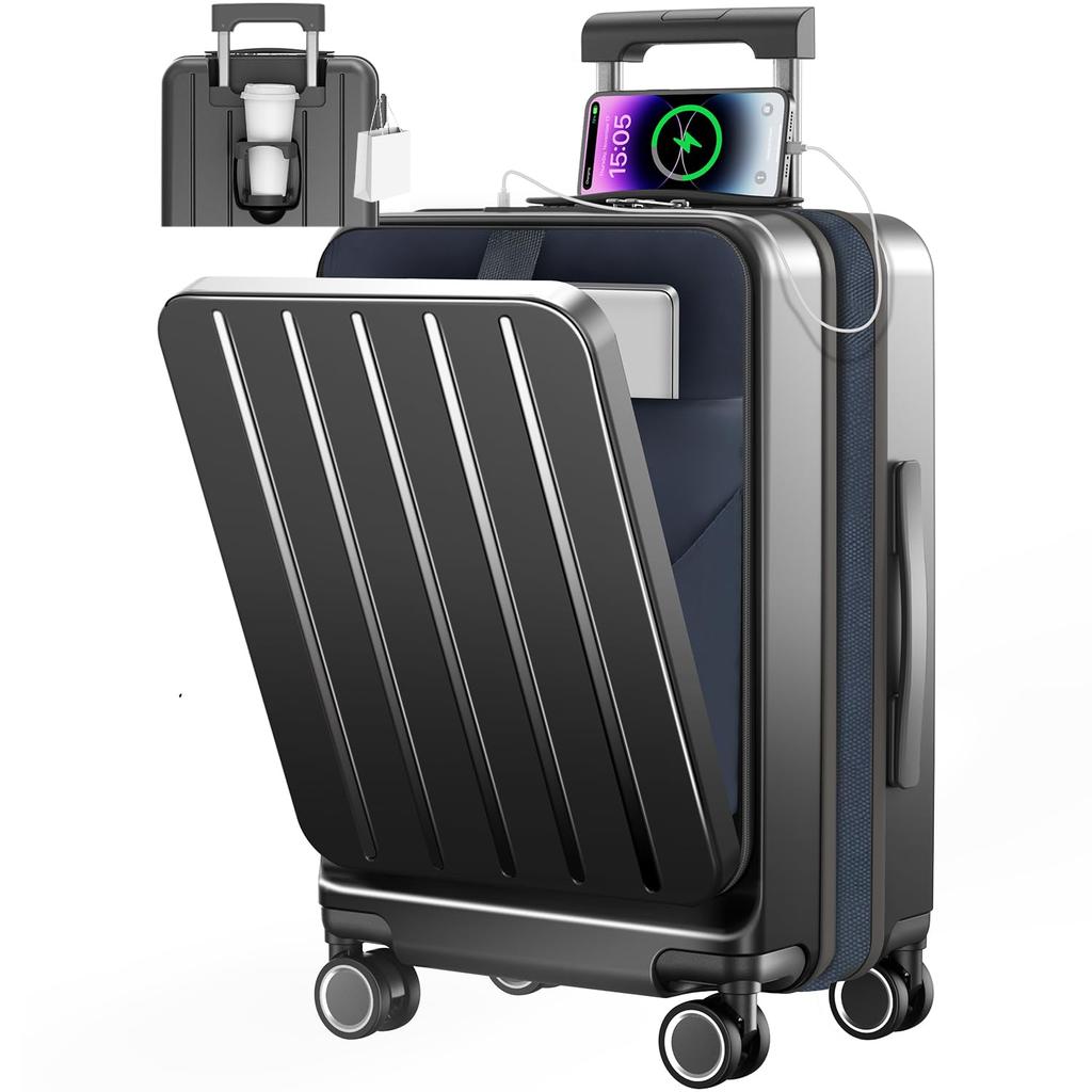 Suitcase with Expandable Carry Front Lightweight Carry Large with USB with Cup Hidden Hook Zipper Double TSA Lock Carry Business Hospitalization L