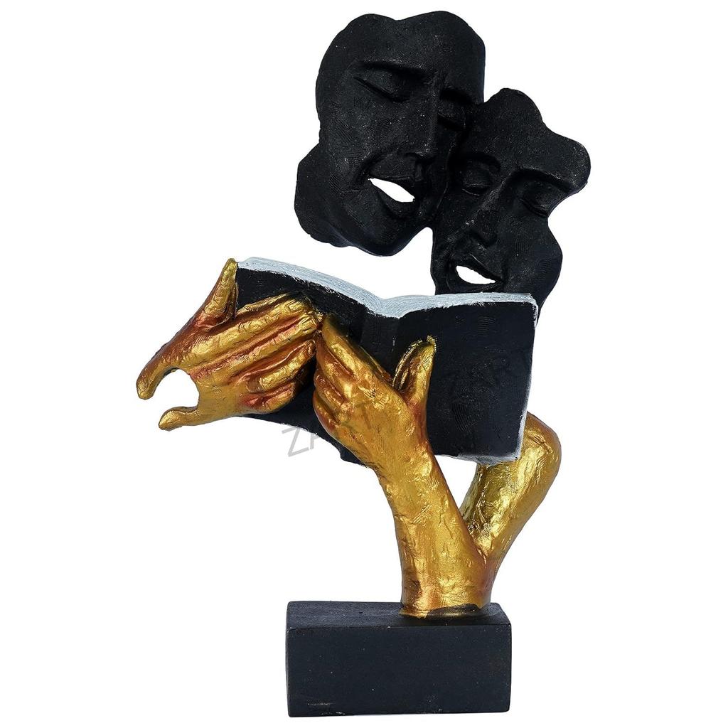 Handgefertigte Skulptur aus Polyresin mit einem Buch, das ein modernes Gesicht liest, Artikelfigur, antikes Schaustück für die Inneneinrichtung (Schwarz und Gold, Standard) 13" Zoll