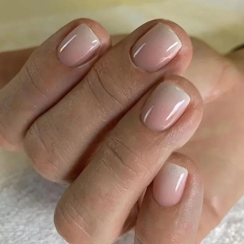 24Pcs Nude White French Fake Nail Short Square Nail Tips Fashion Wearable False Nails with Glue Simple Full Cover Press on Nails