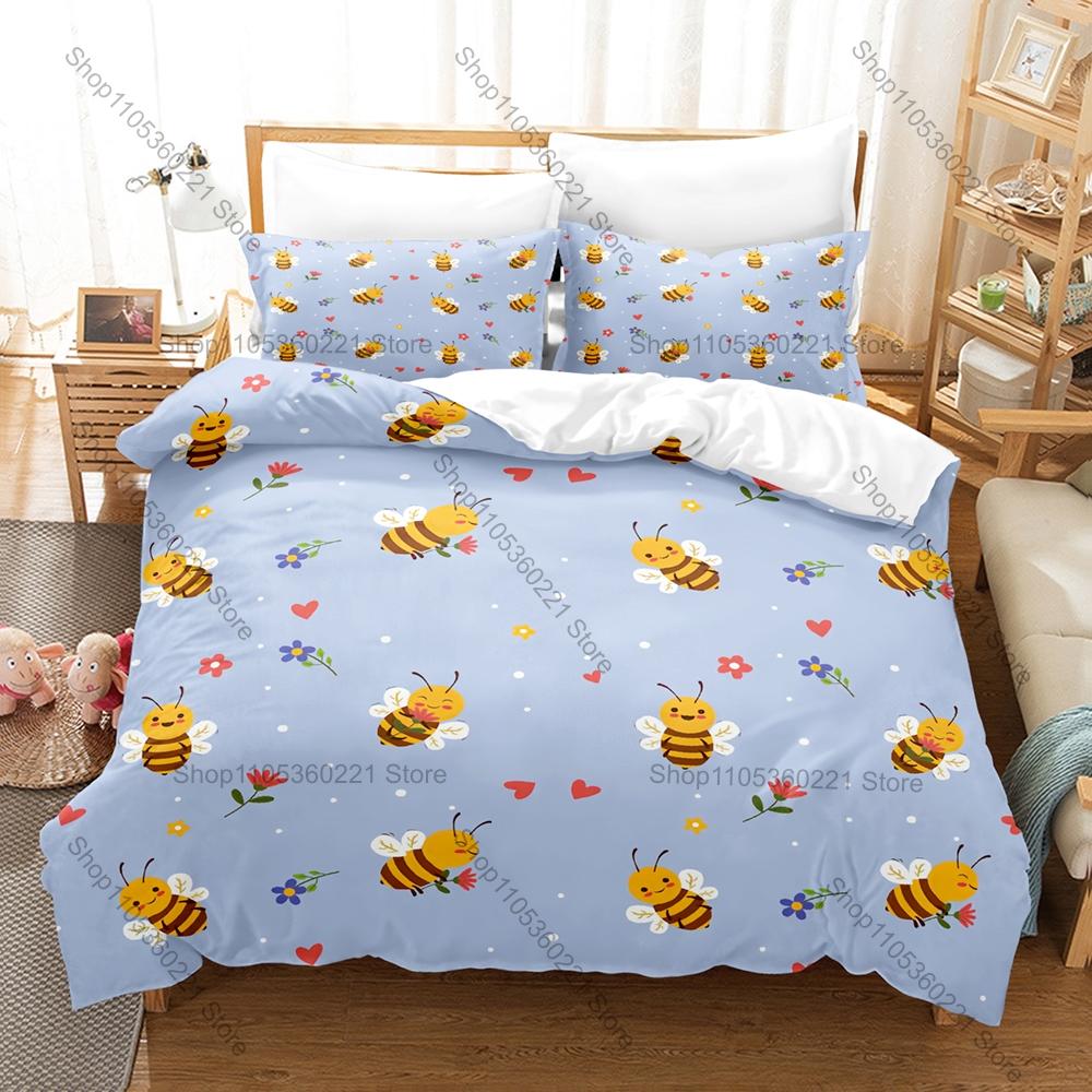 Joli motif d'abeille miel Ensemble de literie 3 pièces Housse de couette confortable et légère Taies d'oreiller Design d'animaux de dessin animé Literie Chambre à coucher 100x130CM