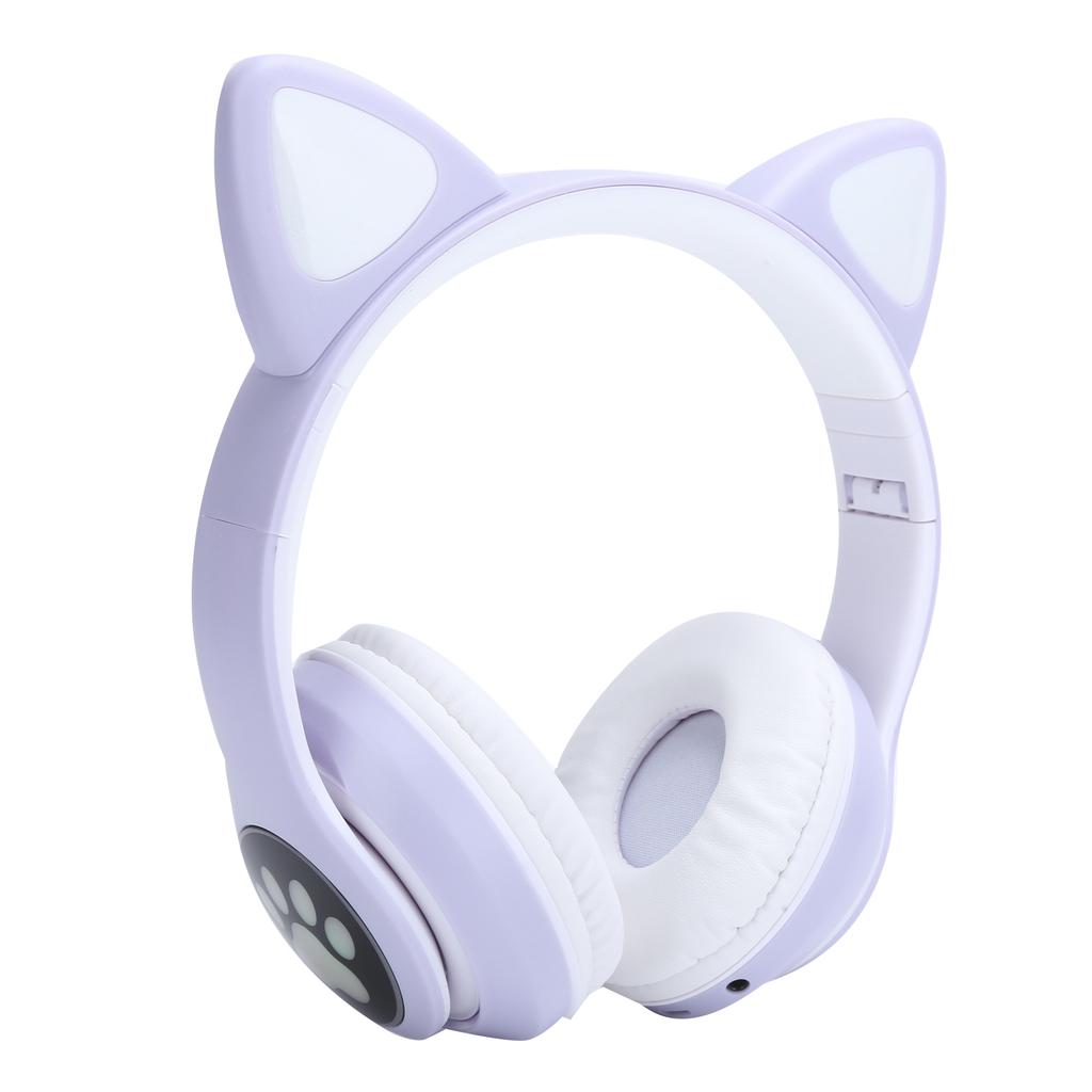 Bluetooth 5.0 Headphones Cat Ear LED Light Wireless Cute Headsets for Young PeoplePurple Cat Paw Pattern