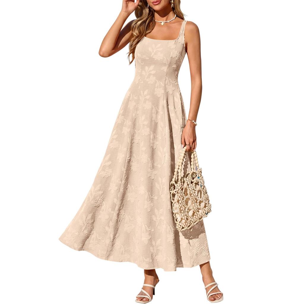 Women’s Sleeveless Maxi Dress with Square Neck Adjustable Straps and Shirred Detailing for Casual or Formal Wear