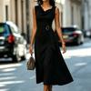 Ärmelloses Midikleid mit asymmetrischem Saum, Taillenbinde-Detail, drapiertem Ausschnitt, elegante Passform mit ausgestelltem Rock, geeignet für verschiedene Anlässe