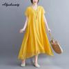 Korean Style Plus Size Summer Women Midi Dress V Neck Black White Pink Blue Yellow Orange Loose Dress Short Sleeve Casual Basic Ladies' Dress