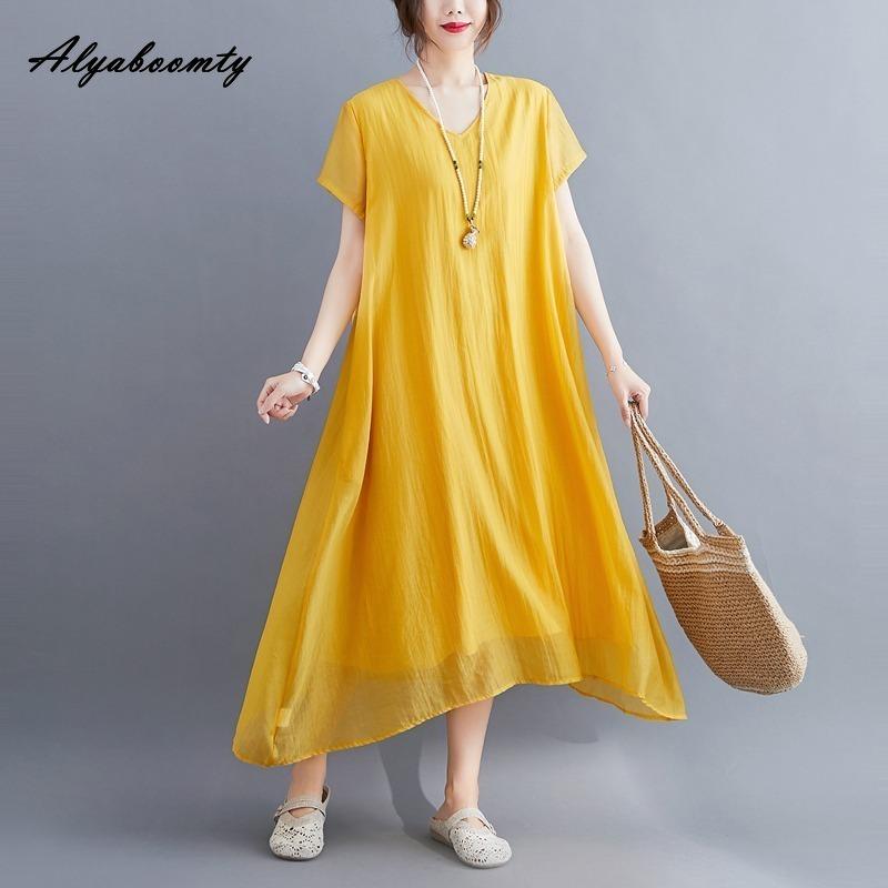 Korean Style Plus Size Summer Women Midi Dress V Neck Black White Pink Blue Yellow Orange Loose Dress Short Sleeve Casual Basic Ladies' Dress