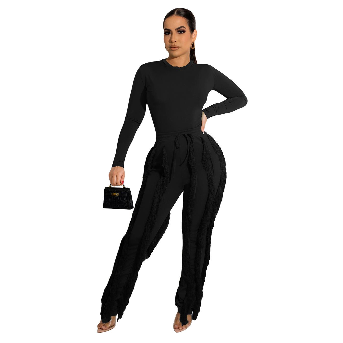 

European and American Women s Tassel Lace Jumpsuit Set - Solid Color Sportswear, Autumn/Winter S