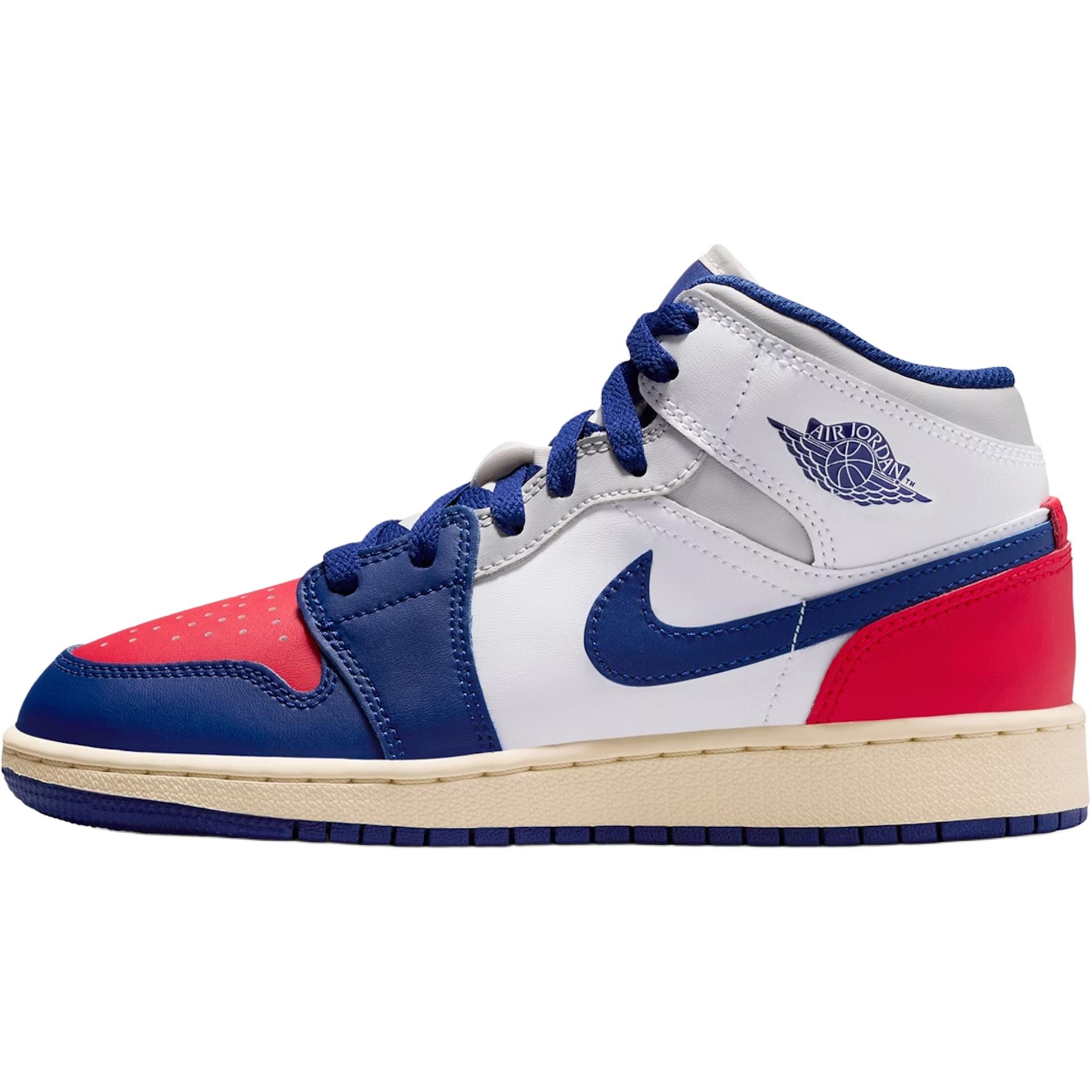

Кроссовки Air Jordan 1 Mid GS Rare Air для детей Белый Темно-королевский-синий Университетский-красный DQ8423-102 36.5