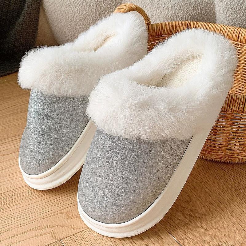 Fashion Fashion Shiny Sequins Cotton Slippers Women Round Toe Platform Cotton Slippers Woman Winter Non Slip House Fur Slides Lady