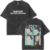 Women Washed Vintage Movie Kpop Demon Hunters Rumi Mira Zoey T-shirt Women Clothing Oversized Short Sleeve T Shirt