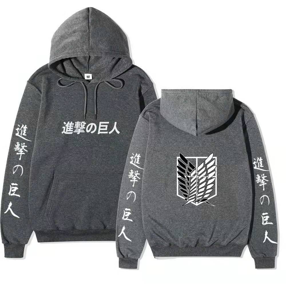 Attack on Titan Unisex Fleece Hoodie Front Japanese Text, Back Wings of Freedom Logo Autumn Winter Casual Pullover