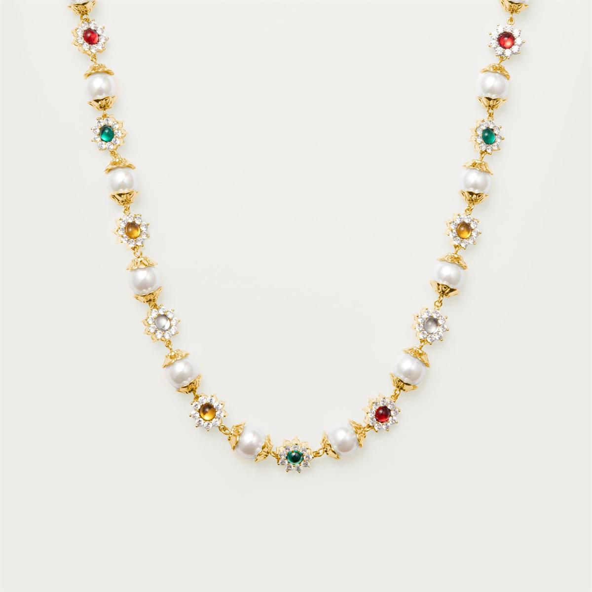 New INS hot selling pearl flower set with diamonds, colorful gemstones, niche fashion, versatile gold-plated necklace 45cm