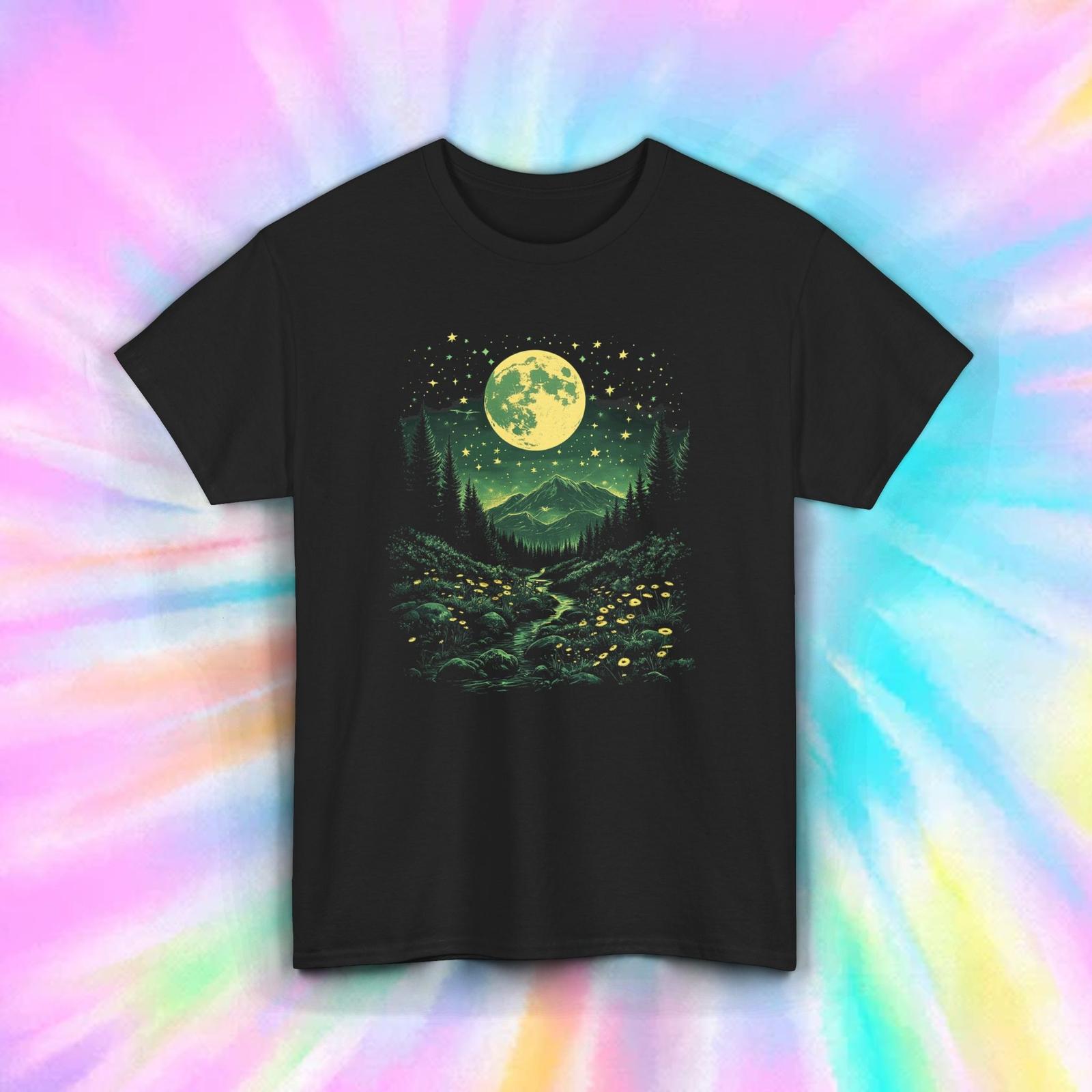 Moonlight Forest Shirt Mountain Night Sky Nature Scene Tee S-5XL S