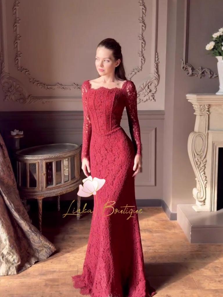 Europäisches & Amerikanisches Retro-Spitzen-Meerjungfrauenkleid: Herbst 2025 Edition, Langarm-Langrockkleid.