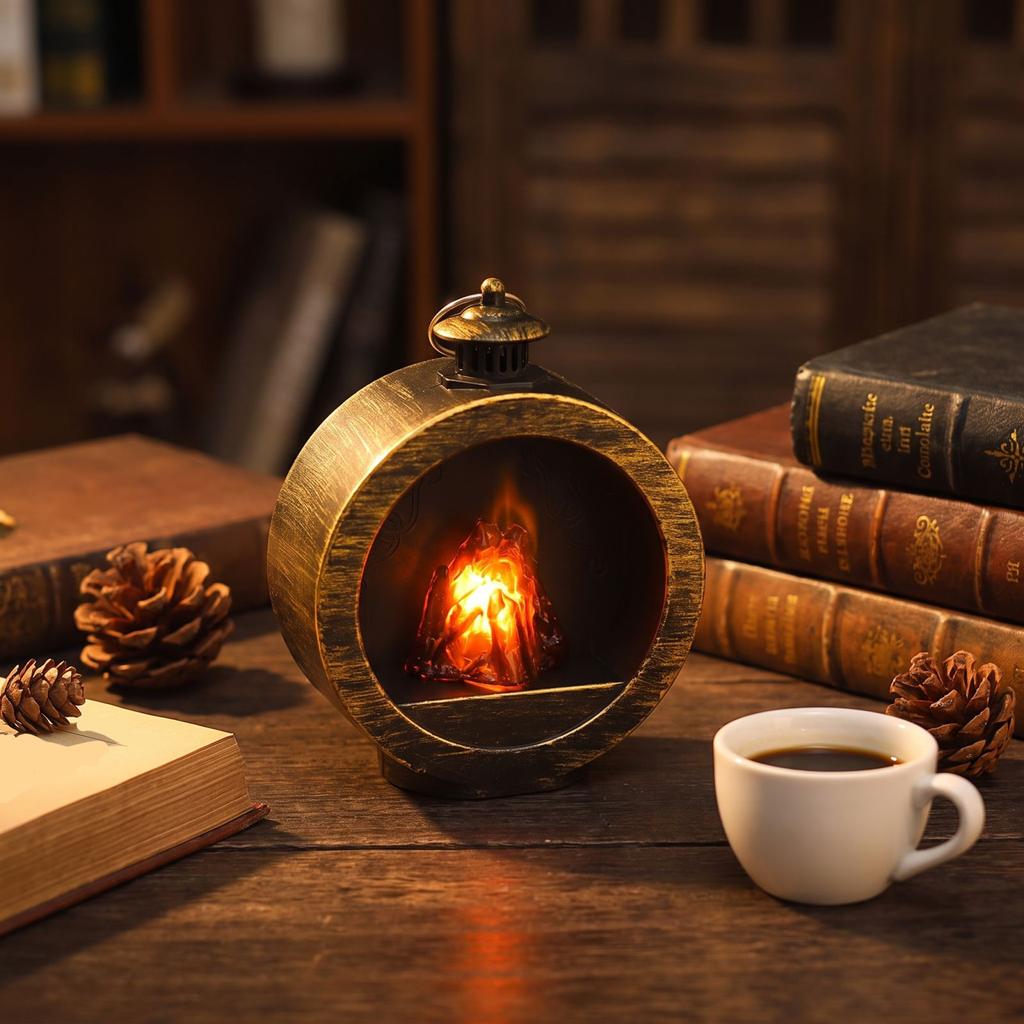 Round Simulated Flame Fireplace Lamp Decorative Tabletop Hanging Light for Housewarming Holiday Home Decor