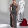 Women's One Shoulder Sleeveless High Waist Ruched Satin Bodycon Maxi Dress High Slit Irregular Evening Gown
