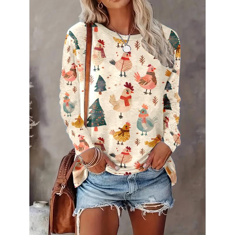 Womens Loose Fit Long Sleeve Round Neck T-Shirt With 3D Dinosaur Christmas Tree Print Milk Silk Fabric
