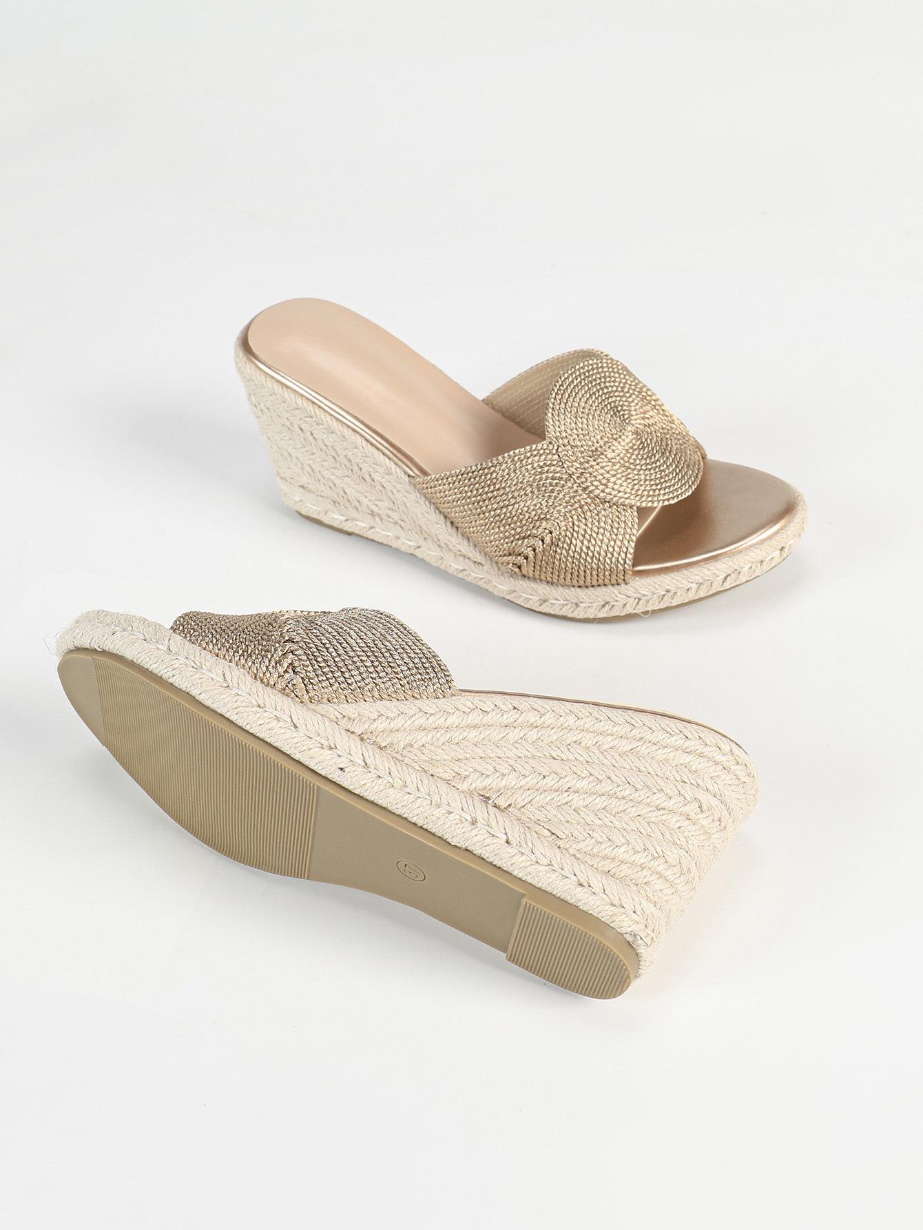 

Обработка 2025 летние босоножки на танкетке с плетеным верхом женские пряжки пеньковая веревка толстая подошва 43 розового золота