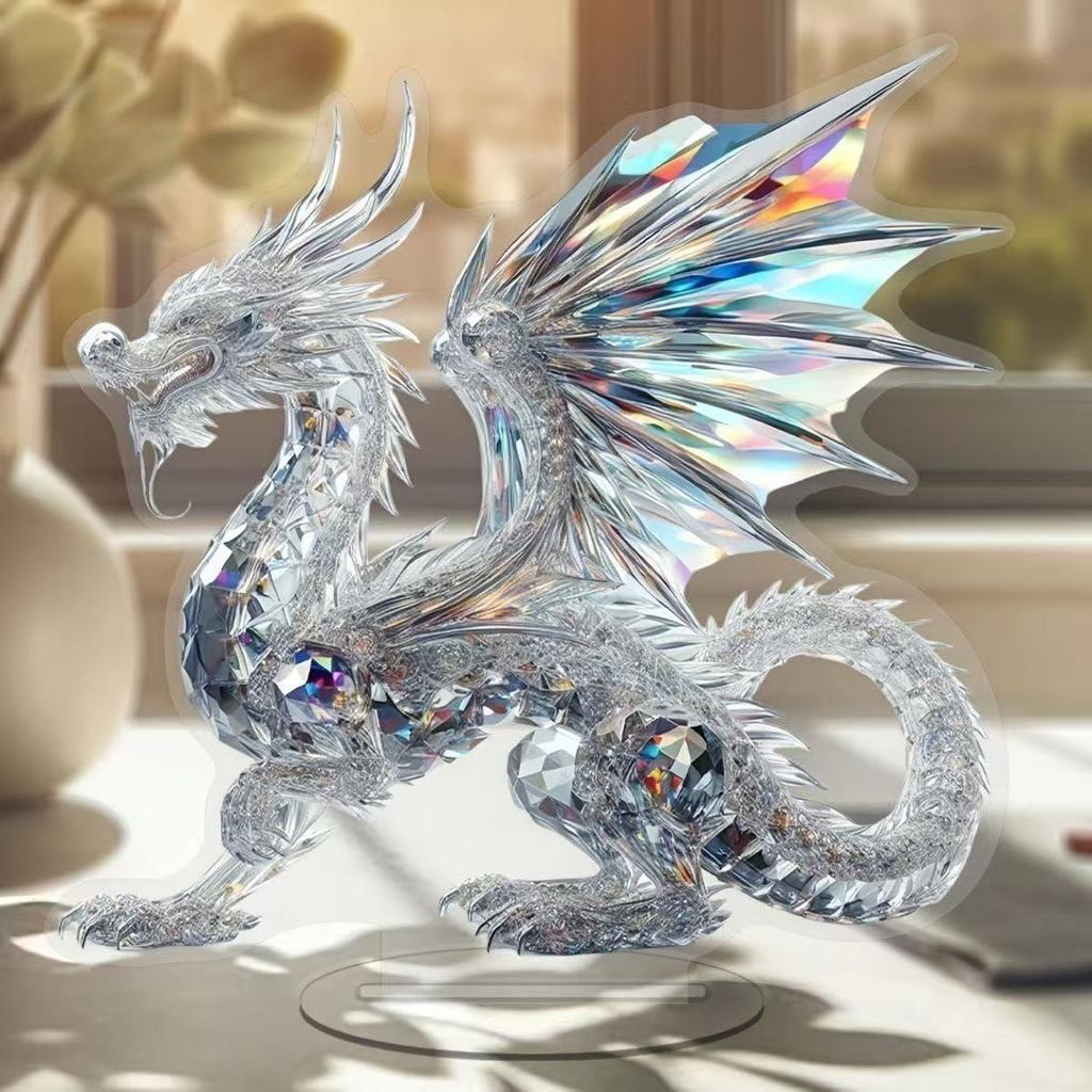 Acrylic White Crystal Dragon Statue 2D Flat Cool Figurine Home Office Cafe Room Studio Display Case Table Ornament Decor Gift