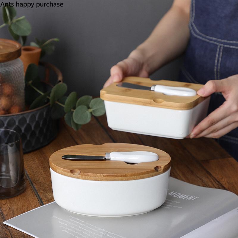 Rectangular Ceramic Butter Plate Wooden Cover Butter Knife Kitchen Cheese Dish Snack Tray Salad Bowl Cheese Box Decorative Plate