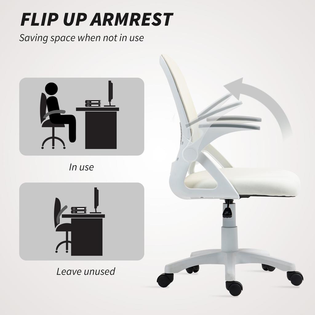 Breathable Mesh Office Chair, Ergonomic Swivel Computer Chair with Flip-up Armrests, Lumbar Back Support for Home/Office, White