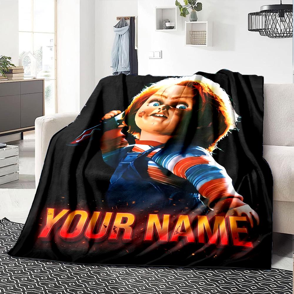 1pc Chucky Blanket with Custom Name, Gift, for Men and Women, Soft Blanket, Good for Sofa Bed Couch Travel, Lightweight Flannel Blanket