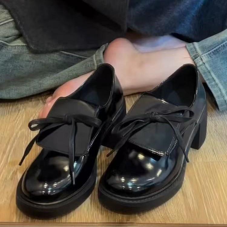 Cowhide version~ Ballet style bow high heel small leather shoes thick heel single shoes women's platform loafers British style women's shoes