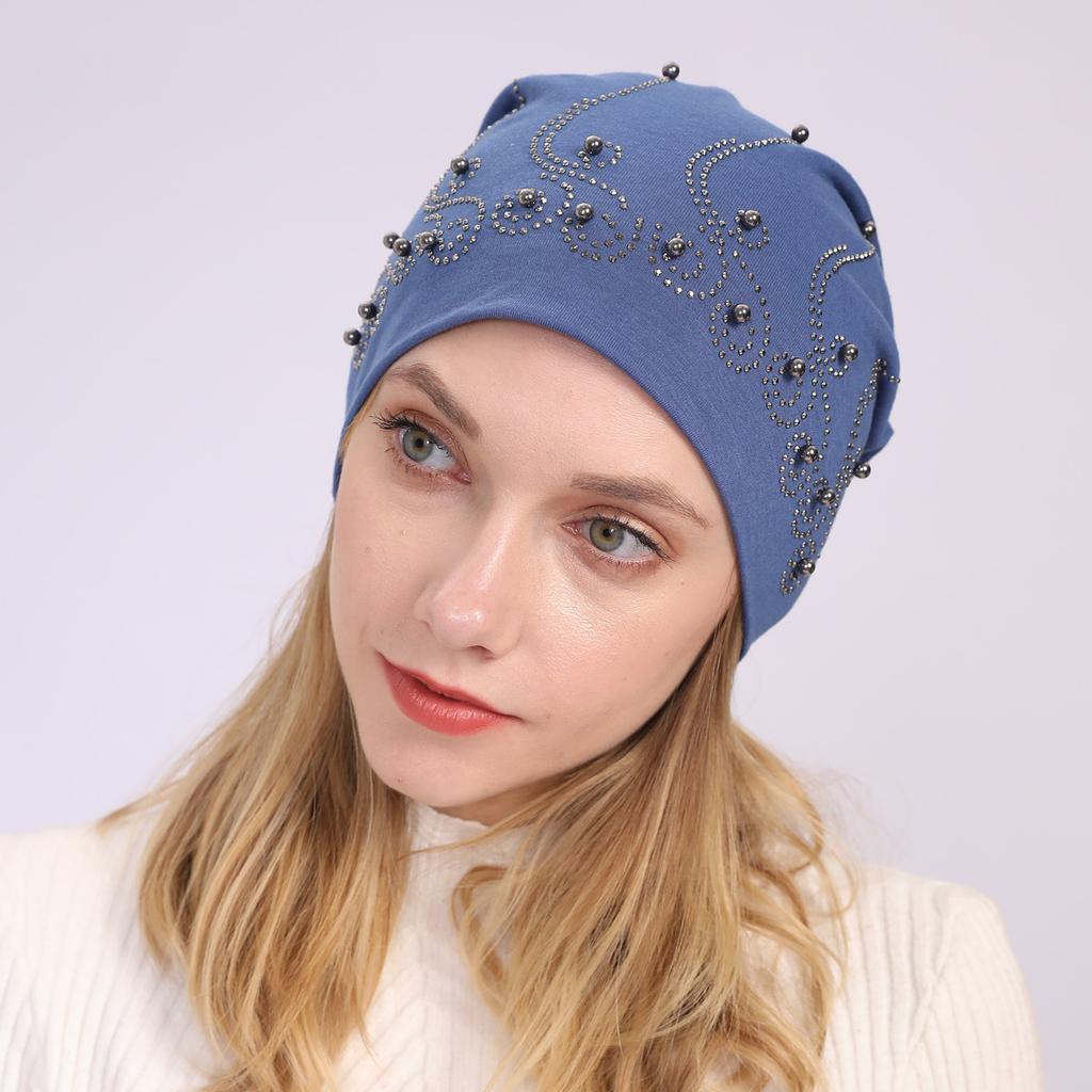 Autumn and Winter Men's and Women's Double Layer Pure Cotton Pearl Hot Diamond Pullover Hat Warm Confinement Hat Thin Casual Pile Hat