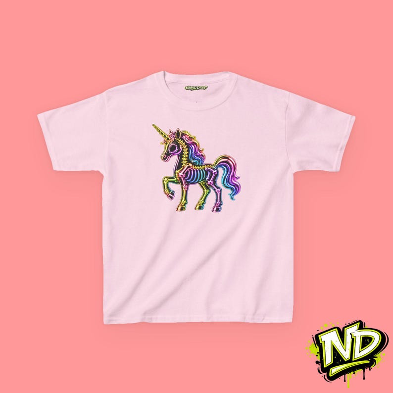 Neon Unicorn Skeleton Kids T-Shirt, Cool Girls Graphic Tee, Edgy Unicorn Shirt, Halloween Kids Tee, Bold Girls Gift 150