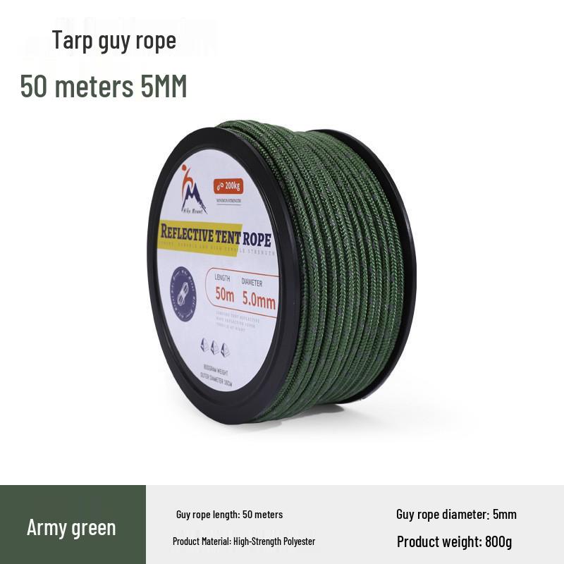 Reflective 50m Outdoor Canopy Tie-Down Rope, 5mm Thick, Reinforced & Windproof Tent Bundling Rope армия зеленый