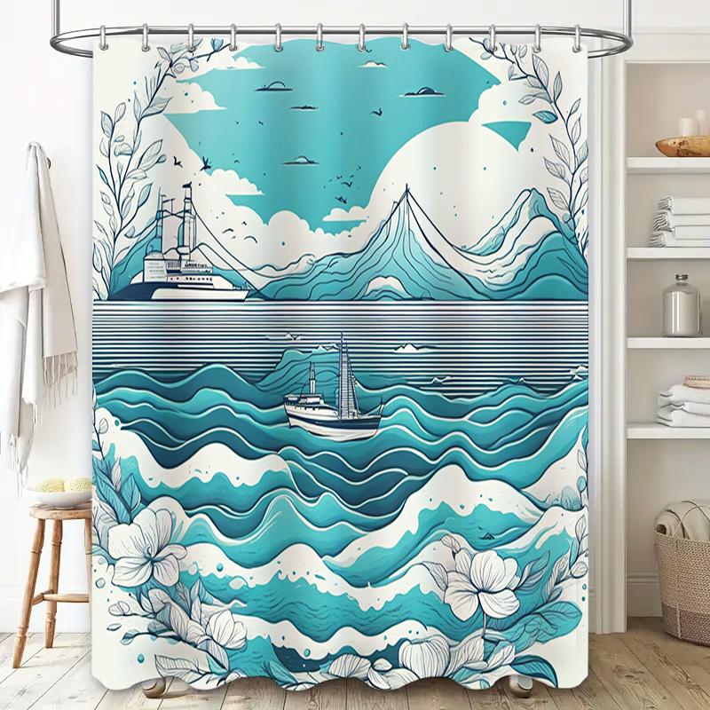 Blue Ocean Waves Shower Curtain Nautical Decor With Mount Fuji Lighthouse For Bathroom Set Includes Hooks
