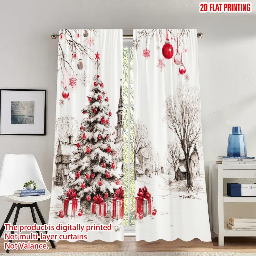 

Set Of 2 Flat Printing Happy Christmas Scene Curtains Winter Snow Church Digital Printed Polyester Drapes Festive Made W100*H70(CM)-Rod Pocket&2PCS