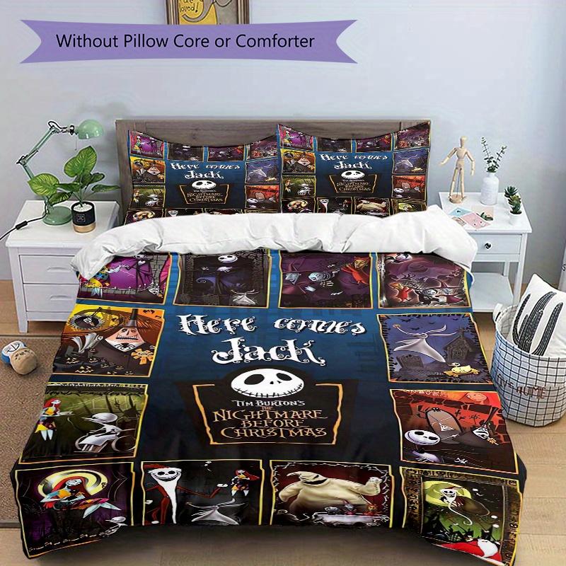 3pcs Jack Skellington Quilt Set, Soft and Comfortable Bedroom, Guest Room and Dorm Decor Bedding Set 1 Quilt Cover + 2 Pillowcases.F052